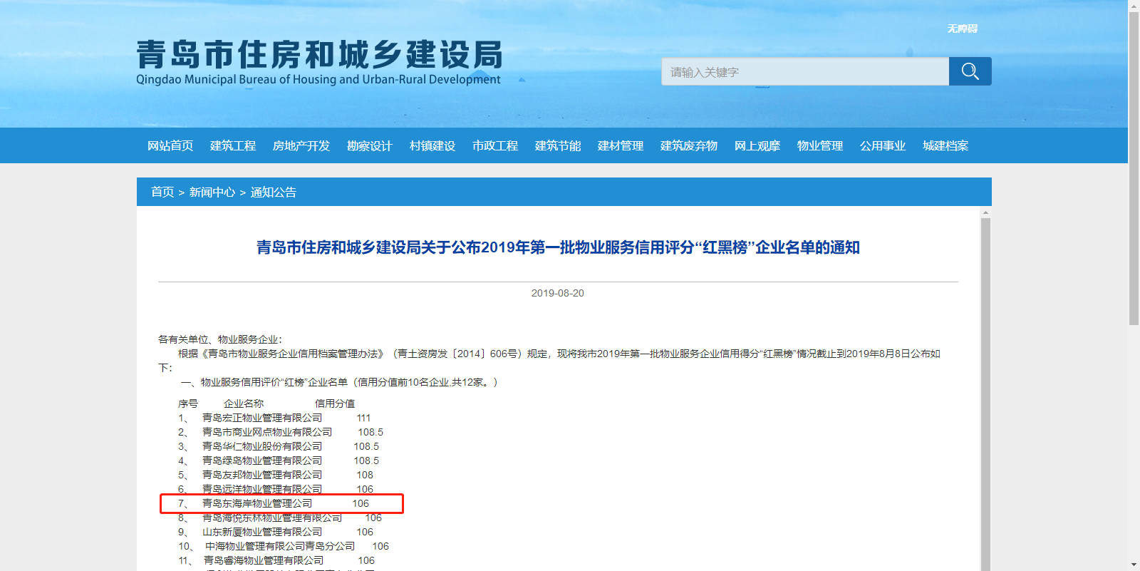 青島城發集團所屬東海岸物業管理公司榮登青島市物業服務信用評價“紅榜”